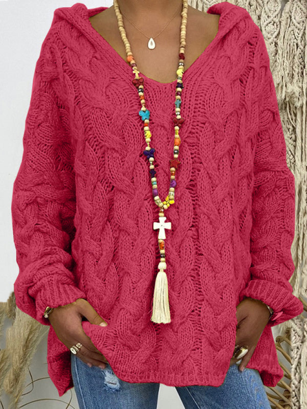 Blue Zone Planet | Women's long-sleeved hooded V-neck knitted loose pullover sweater (without necklace)-[Adult]-[Female]-2022 Online Blue Zone Planet