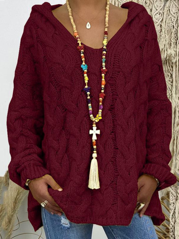 Blue Zone Planet | Women's long-sleeved hooded V-neck knitted loose pullover sweater (without necklace)-[Adult]-[Female]-2022 Online Blue Zone Planet