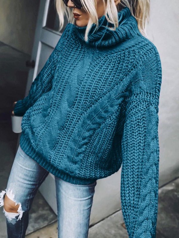 Blue Zone Planet | women's solid color turtleneck knitted sweater-[Adult]-[Female]-Blue-S-2022 Online Blue Zone Planet