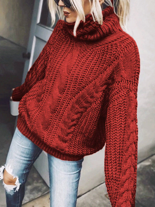 Blue Zone Planet | women's solid color turtleneck knitted sweater-[Adult]-[Female]-Red-S-2022 Online Blue Zone Planet