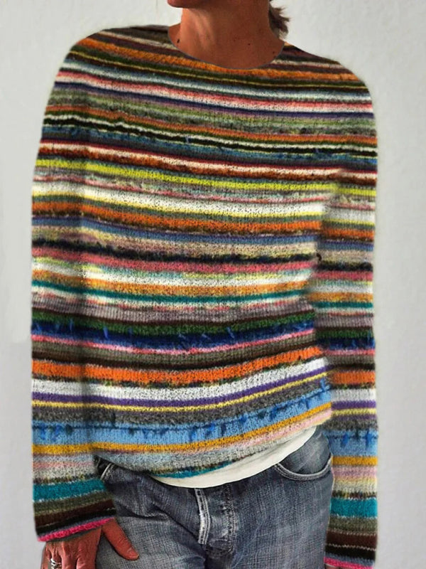 Blue Zone Planet | Women's Striped Floral Pullover-[Adult]-[Female]-Coffee-S-2022 Online Blue Zone Planet