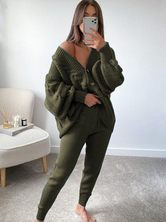 Blue Zone Planet | Women's V-neck Solid Color Suit Sweater + Knitted Pants-[Adult]-[Female]-Olive green-S-2022 Online Blue Zone Planet
