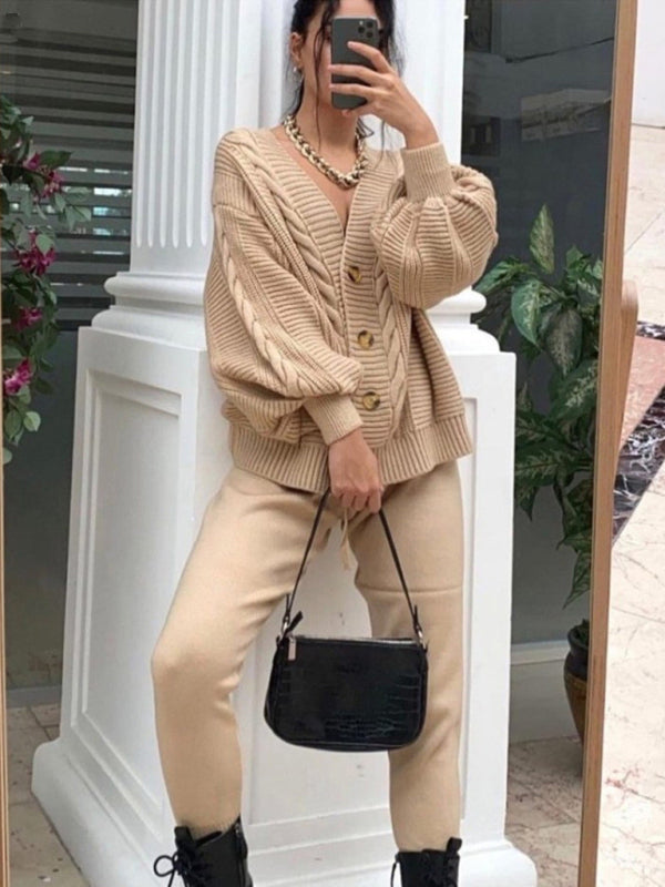 Blue Zone Planet | Women's V-neck Solid Color Suit Sweater + Knitted Pants-[Adult]-[Female]-Khaki-S-2022 Online Blue Zone Planet