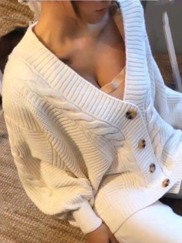 Blue Zone Planet | Women's V-neck Solid Color Suit Sweater + Knitted Pants-[Adult]-[Female]-2022 Online Blue Zone Planet