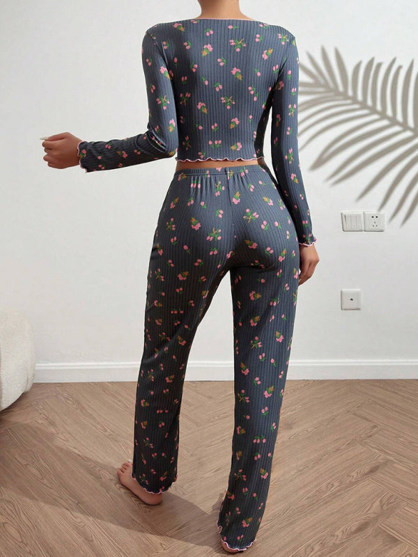 Blue Zone Planet | Women's home wear casual printed trousers long sleeve suit-[Adult]-[Female]-2022 Online Blue Zone Planet