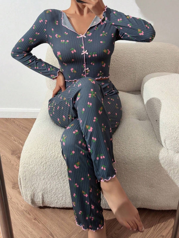 Blue Zone Planet | Women's home wear casual printed trousers long sleeve suit-[Adult]-[Female]-2022 Online Blue Zone Planet