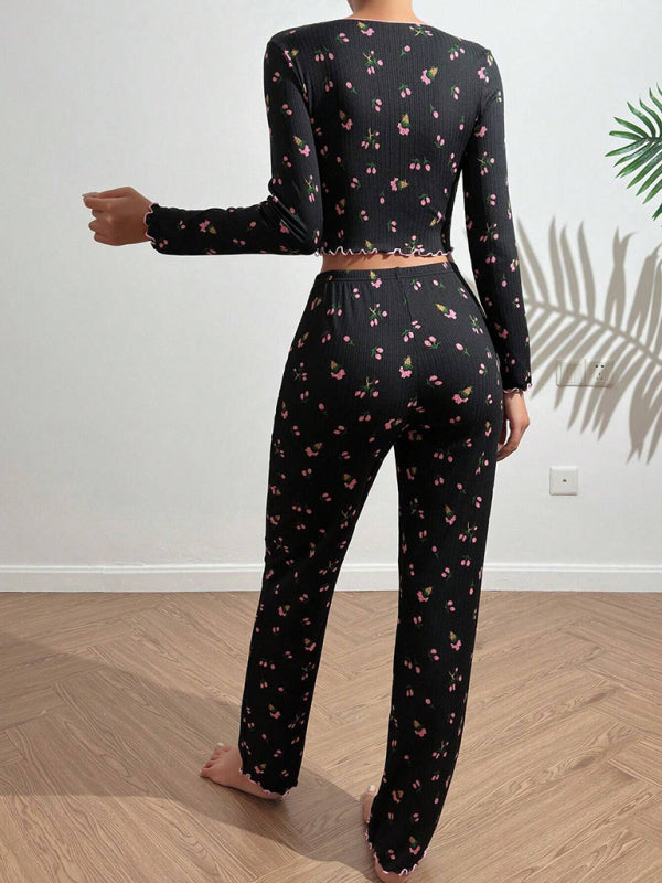 Blue Zone Planet | Women's home wear casual printed trousers long sleeve suit-[Adult]-[Female]-2022 Online Blue Zone Planet