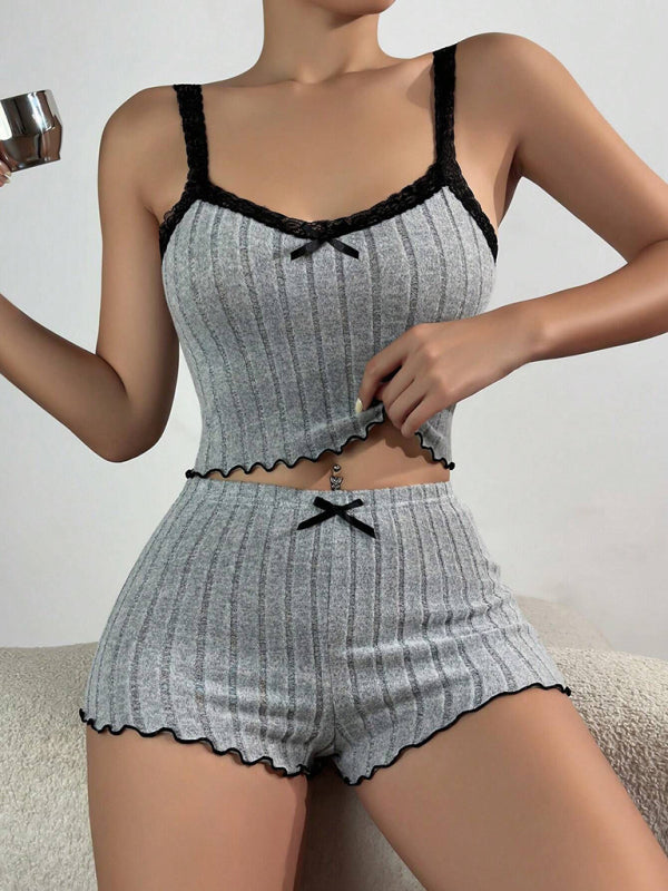 Blue Zone Planet | New style stretch pajamas women's lace edge spaghetti strap shorts set-[Adult]-[Female]-Grey-S-2022 Online Blue Zone Planet