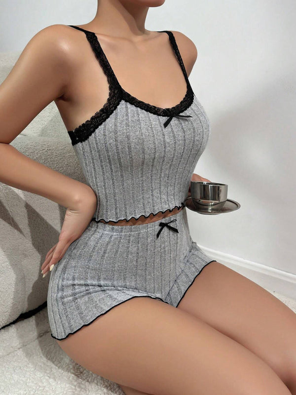 Blue Zone Planet | New style stretch pajamas women's lace edge spaghetti strap shorts set-[Adult]-[Female]-2022 Online Blue Zone Planet