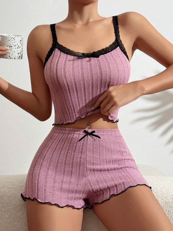 Blue Zone Planet | New style stretch pajamas women's lace edge spaghetti strap shorts set-[Adult]-[Female]-2022 Online Blue Zone Planet