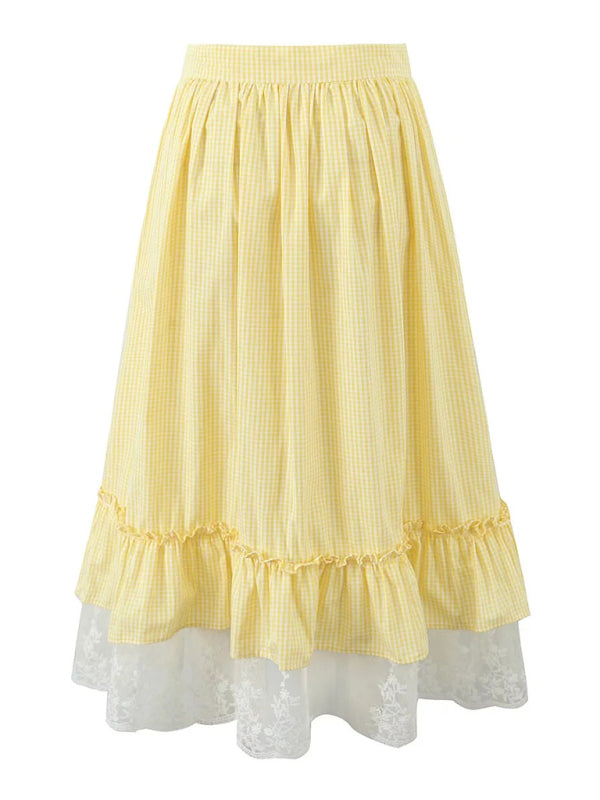 Blue Zone Planet | New Puff Sleeve Light Yellow Lace Plaid Top + Long Skirt Set-[Adult]-[Female]-2022 Online Blue Zone Planet