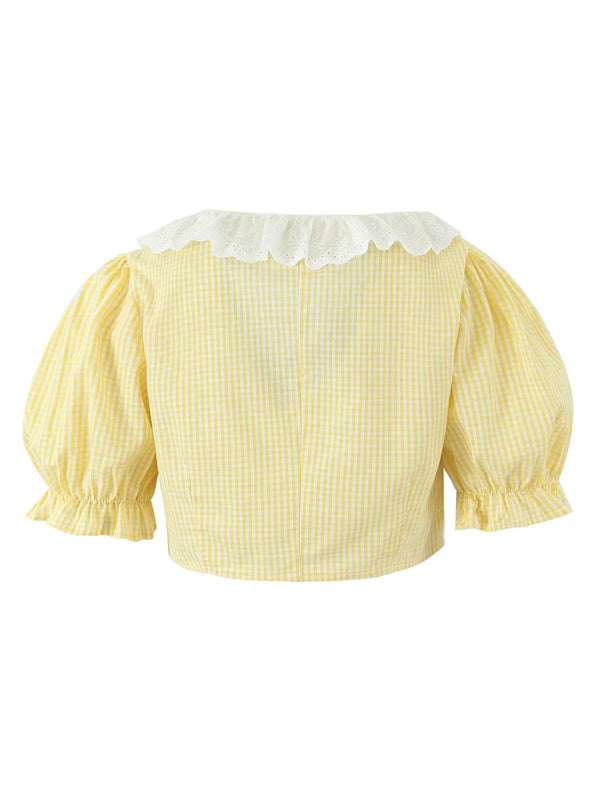 Blue Zone Planet | New Puff Sleeve Light Yellow Lace Plaid Top + Long Skirt Set-[Adult]-[Female]-2022 Online Blue Zone Planet