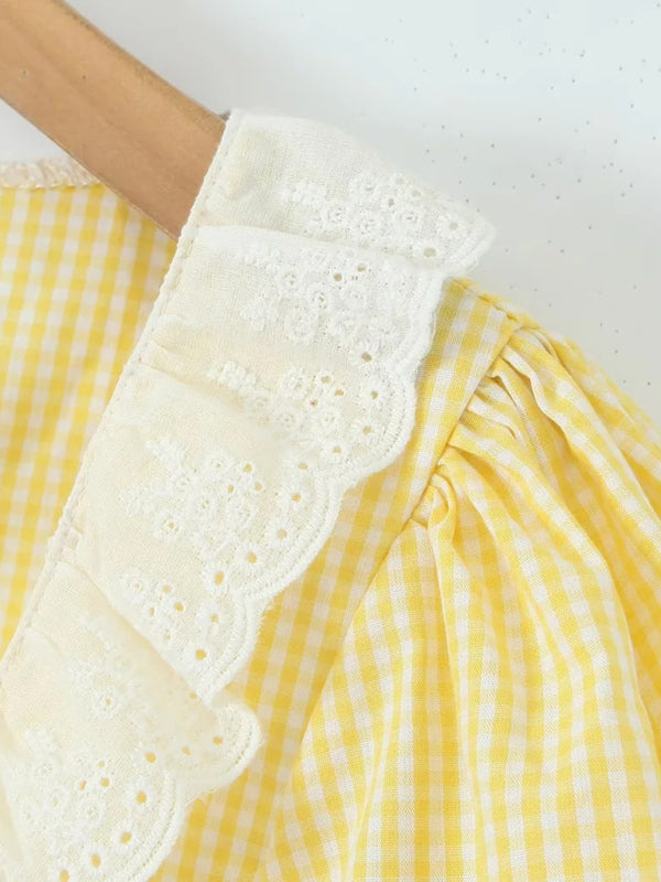 Blue Zone Planet | New Puff Sleeve Light Yellow Lace Plaid Top + Long Skirt Set-[Adult]-[Female]-2022 Online Blue Zone Planet