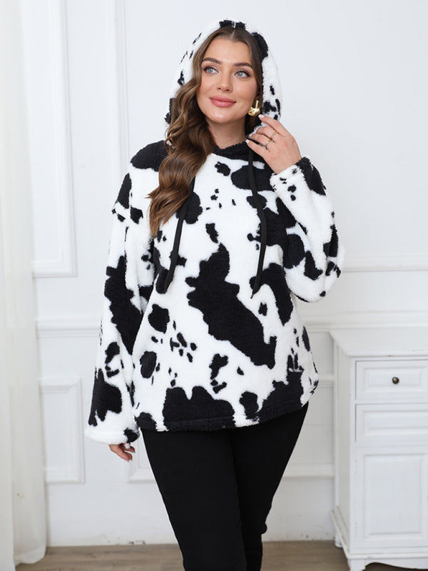 Blue Zone Planet | Plus size women's loose casual cow plush long sleeve hooded sweatshirt-[Adult]-[Female]-2022 Online Blue Zone Planet