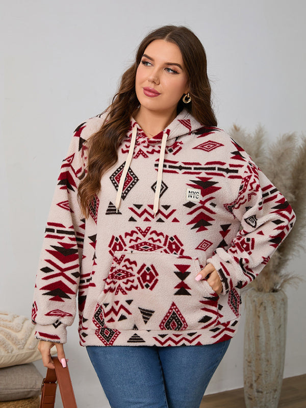 Blue Zone Planet | Plus size women's loose casual geometric pattern thickened plush sweatshirt jacket-[Adult]-[Female]-Dark Red-XL-2022 Online Blue Zone Planet