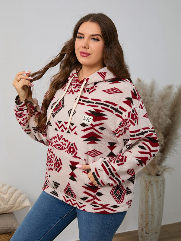 Blue Zone Planet | Plus size women's loose casual geometric pattern thickened plush sweatshirt jacket-[Adult]-[Female]-2022 Online Blue Zone Planet