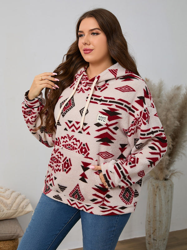 Blue Zone Planet | Plus size women's loose casual geometric pattern thickened plush sweatshirt jacket-[Adult]-[Female]-2022 Online Blue Zone Planet