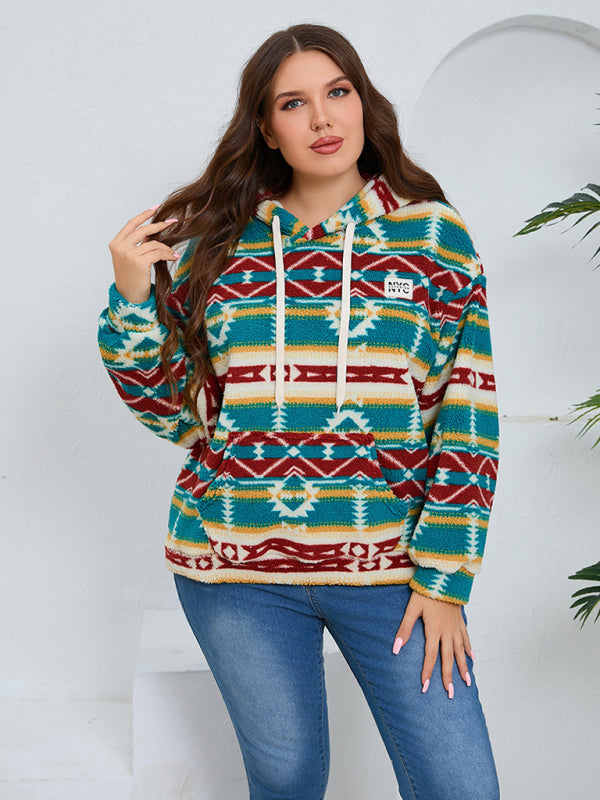 Blue Zone Planet | Plus size women's loose casual geometric pattern thickened plush sweatshirt jacket-[Adult]-[Female]-Green-XL-2022 Online Blue Zone Planet