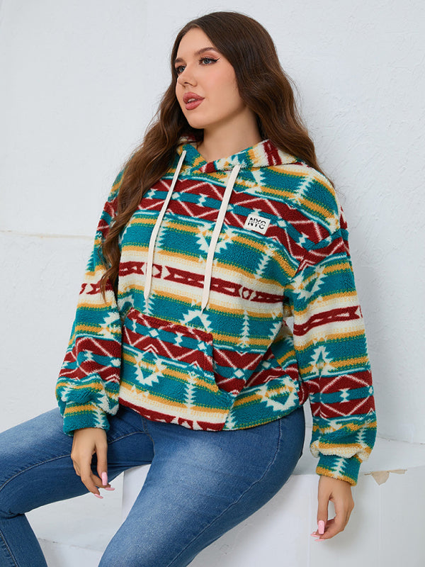 Blue Zone Planet | Plus size women's loose casual geometric pattern thickened plush sweatshirt jacket-[Adult]-[Female]-2022 Online Blue Zone Planet