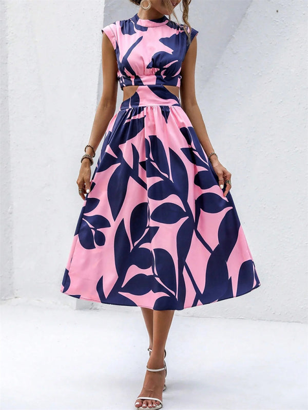 Round Neck Short Sleeve High Waist Plant Flower Print Long Dress Women's Dress-[Adult]-[Female]-2022 Online Blue Zone Planet