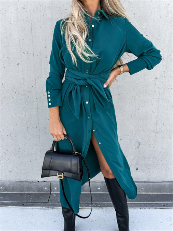 New long skirt solid color cardigan long sleeve dress-[Adult]-[Female]-Green-S-2022 Online Blue Zone Planet