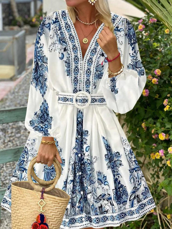 Women's Fashion V Neck Long Sleeve Bohemian Print Dress-[Adult]-[Female]-Blue-S-2022 Online Blue Zone Planet