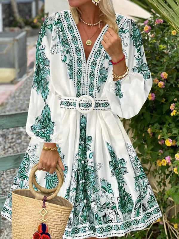 Women's Fashion V Neck Long Sleeve Bohemian Print Dress-[Adult]-[Female]-Green-S-2022 Online Blue Zone Planet