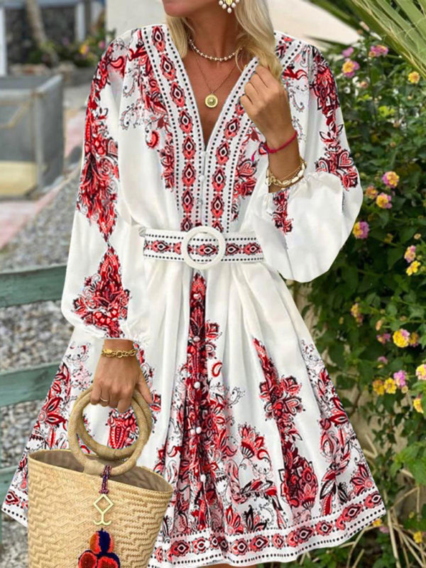 Women's Fashion V Neck Long Sleeve Bohemian Print Dress-[Adult]-[Female]-Red-S-2022 Online Blue Zone Planet