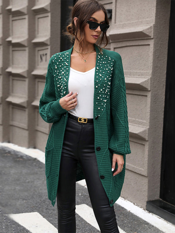 Women's dark green knitted sweater mid-length beaded sweater cardigan coat-[Adult]-[Female]-2022 Online Blue Zone Planet