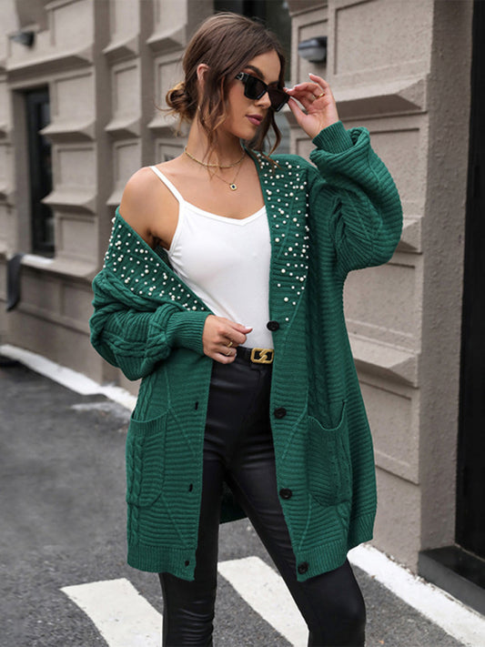 Women's dark green knitted sweater mid-length beaded sweater cardigan coat-[Adult]-[Female]-2022 Online Blue Zone Planet