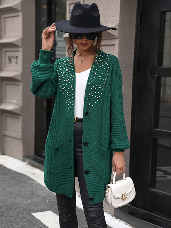 Women's dark green knitted sweater mid-length beaded sweater cardigan coat-[Adult]-[Female]-2022 Online Blue Zone Planet