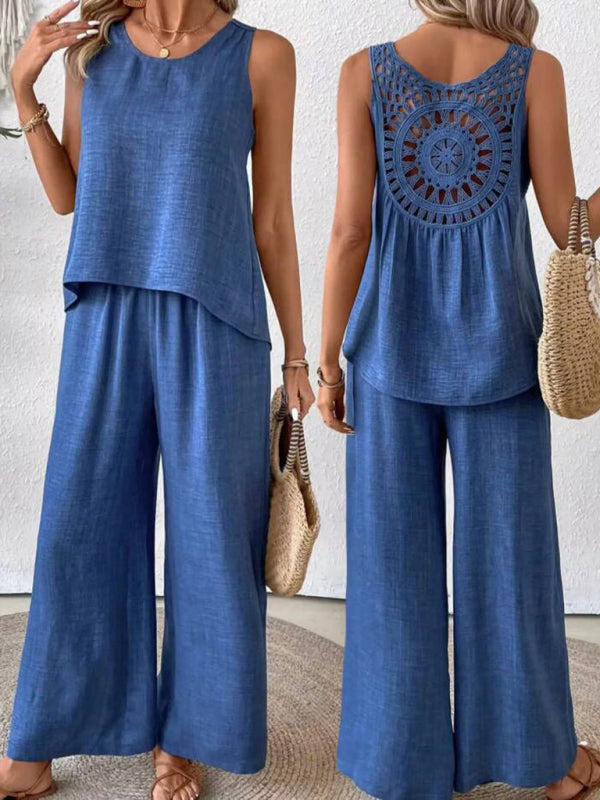 Solid color back hollow lace suit casual two-piece suit-[Adult]-[Female]-2022 Online Blue Zone Planet