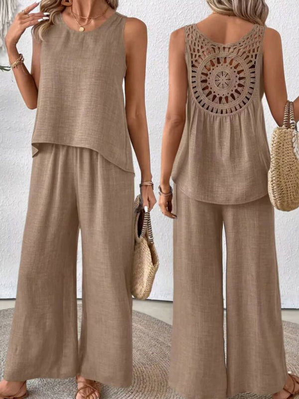 Solid color back hollow lace suit casual two-piece suit-[Adult]-[Female]-2022 Online Blue Zone Planet