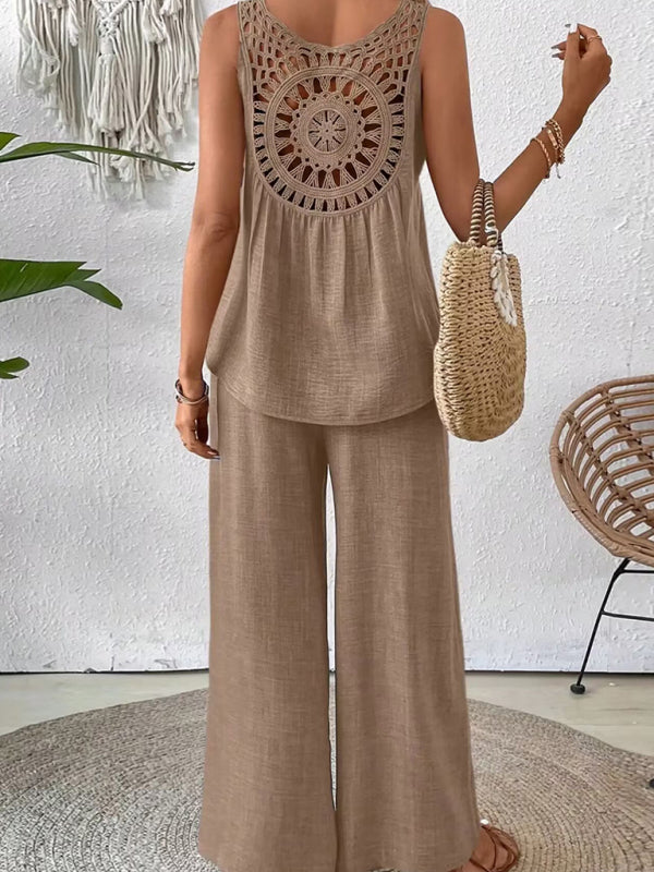 Solid color back hollow lace suit casual two-piece suit-[Adult]-[Female]-2022 Online Blue Zone Planet