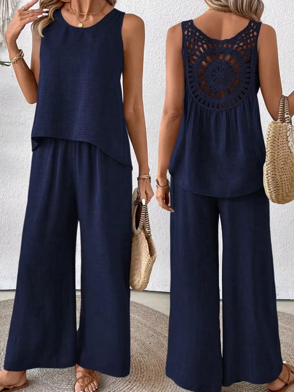 Solid color back hollow lace suit casual two-piece suit-[Adult]-[Female]-2022 Online Blue Zone Planet