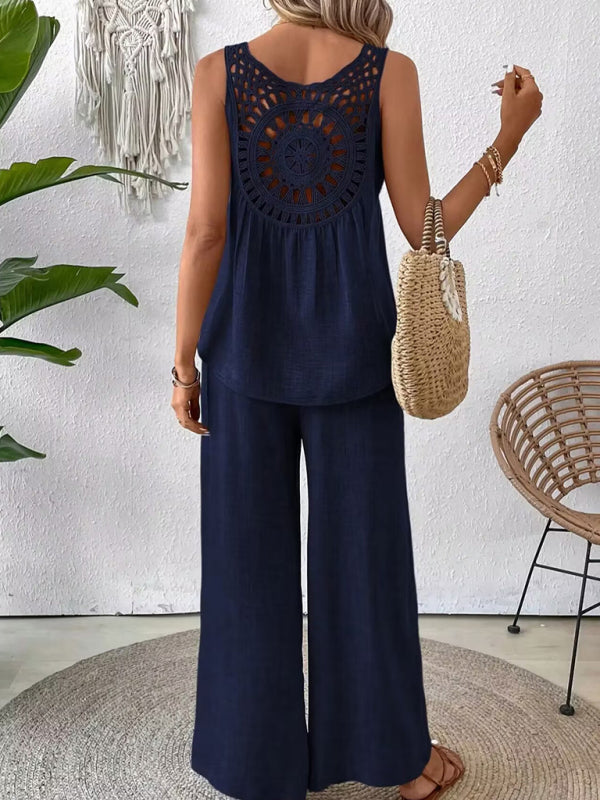 Solid color back hollow lace suit casual two-piece suit-[Adult]-[Female]-2022 Online Blue Zone Planet