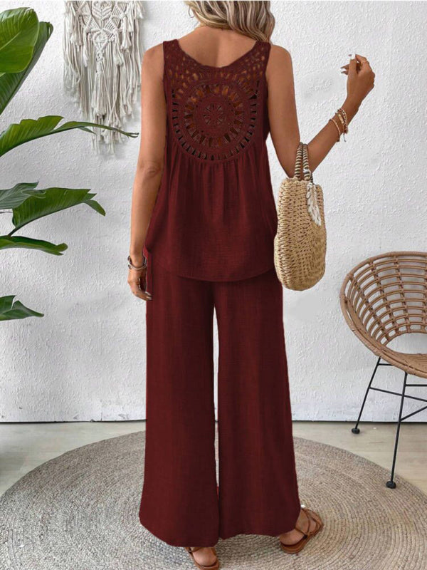 Solid color back hollow lace suit casual two-piece suit-[Adult]-[Female]-2022 Online Blue Zone Planet