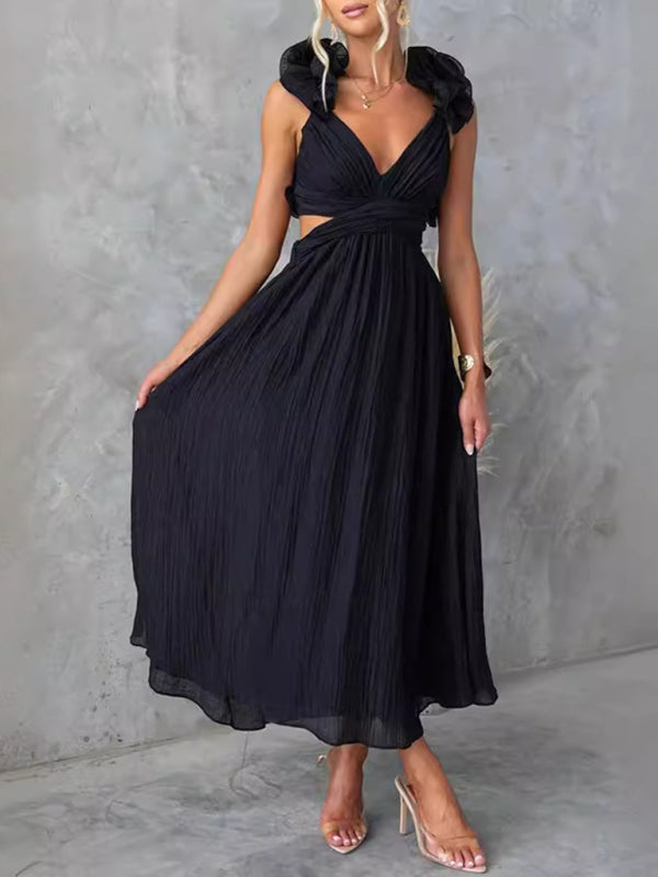 Sexy Sleeveless Solid Color Tie Pleated Skirt Dress-[Adult]-[Female]-2022 Online Blue Zone Planet