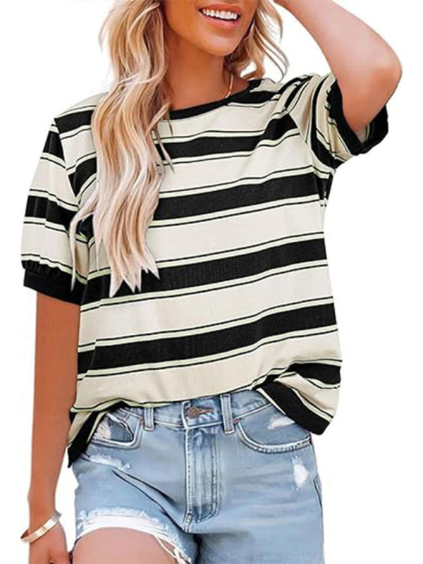 Women's round neck colorful patchwork large striped loose T-shirt-[Adult]-[Female]-Black-S-2022 Online Blue Zone Planet