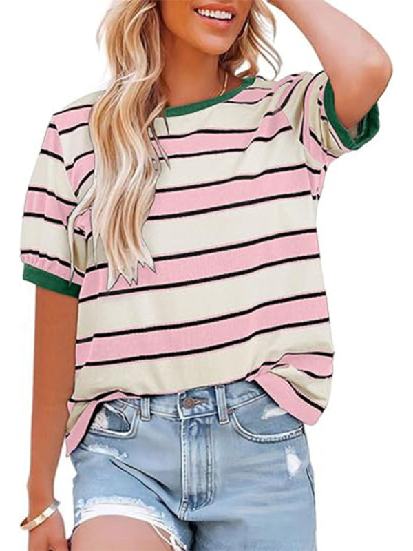 Women's round neck colorful patchwork large striped loose T-shirt-[Adult]-[Female]-Pink-S-2022 Online Blue Zone Planet