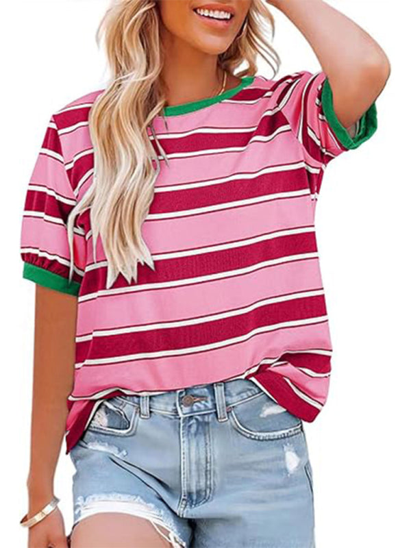 Women's round neck colorful patchwork large striped loose T-shirt-[Adult]-[Female]-Rose-S-2022 Online Blue Zone Planet