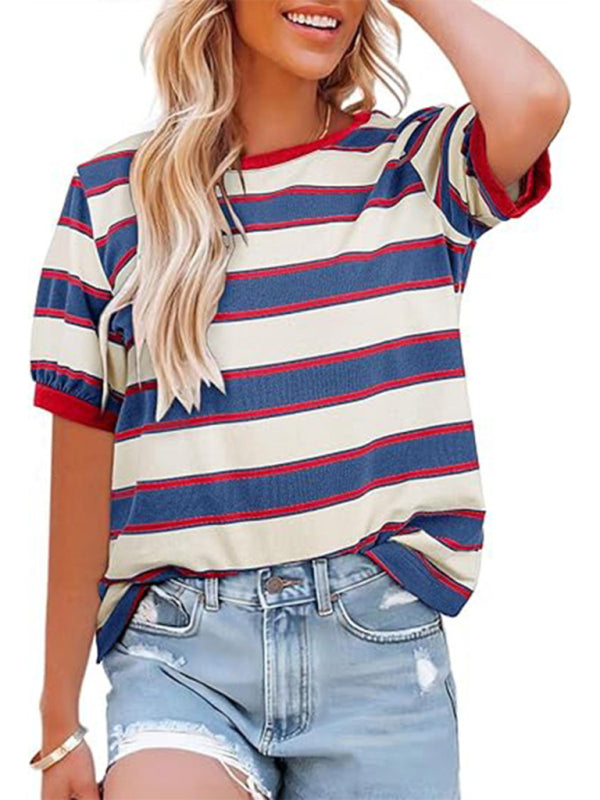 Women's round neck colorful patchwork large striped loose T-shirt-[Adult]-[Female]-Red-S-2022 Online Blue Zone Planet