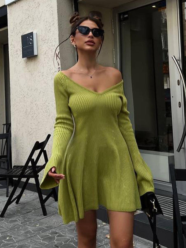 Women's V-neck long-sleeved sexy knitted dress-[Adult]-[Female]-Green-S-2022 Online Blue Zone Planet