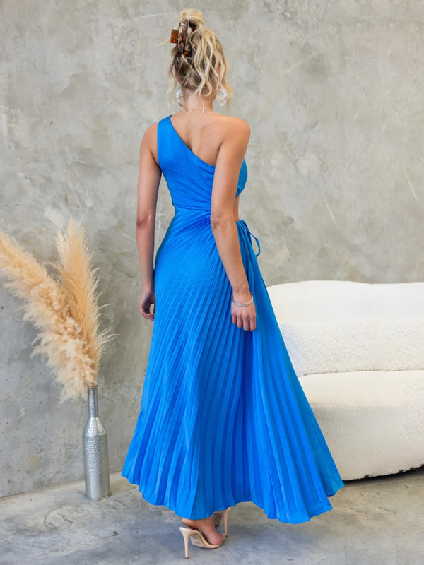 Women's Elegant Pleated Dress One Shoulder Waist Hollow Dress-[Adult]-[Female]-2022 Online Blue Zone Planet