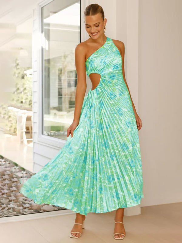 Jose's Elegant Pleated One Shoulder Cut-out Waist Midi Dress Green / M by Blue Zone Planet Jose's Elegant Pleated One Shoulder Cut-out Waist Midi Dress Green / M by Blue Zone Planet