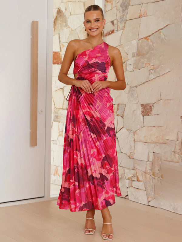 Jose's Elegant Pleated One Shoulder Cut-Out Waist Midi Dress Red / M by Blue Zone Planet