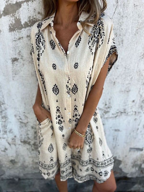 Women's Loose Casual Short Sleeve Cotton and Linen Shirt Pocket Printed Dress-[Adult]-[Female]-Cracker khaki-S-2022 Online Blue Zone Planet