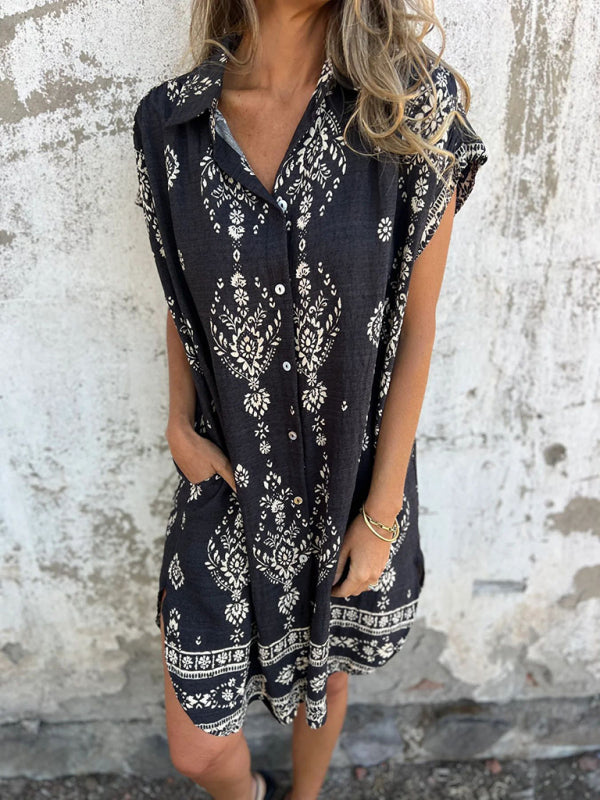 Women's Loose Casual Short Sleeve Cotton and Linen Shirt Pocket Printed Dress-[Adult]-[Female]-Black-S-2022 Online Blue Zone Planet