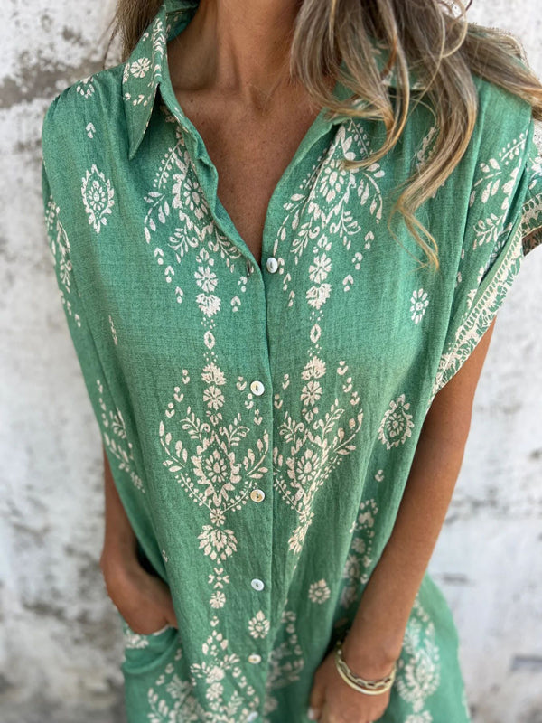 Women's Loose Casual Short Sleeve Cotton and Linen Shirt Pocket Printed Dress-[Adult]-[Female]-Green-S-2022 Online Blue Zone Planet