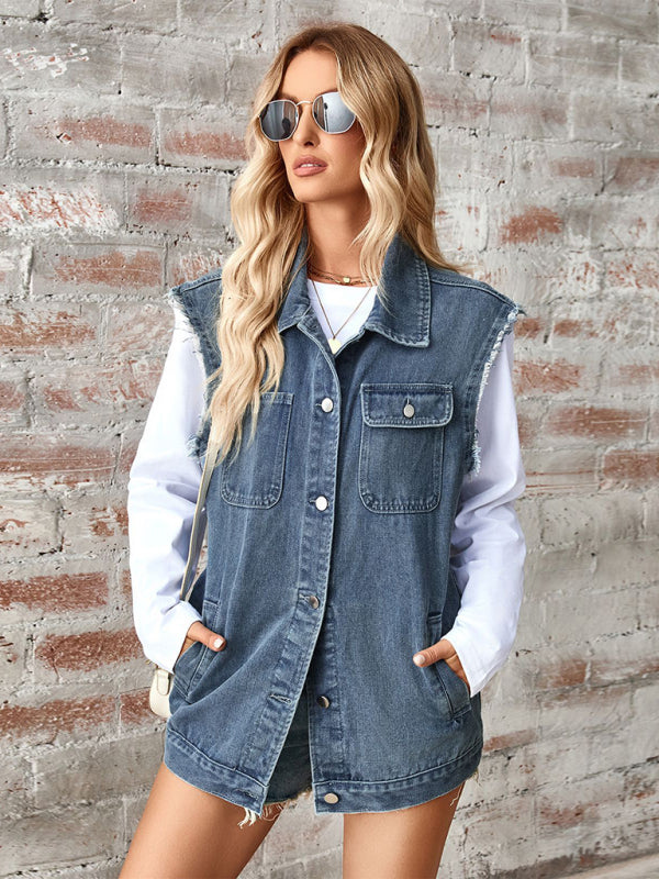 New Washed Denim Loose Vest Waistcoat Cardigan Top-[Adult]-[Female]-2022 Online Blue Zone Planet